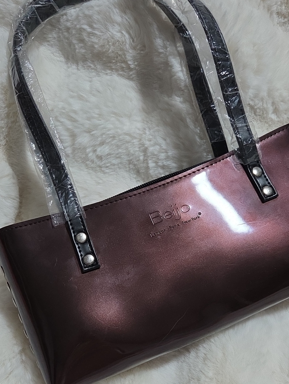 NWOT Beijo Shimmering Plum Shoulder Bag with Black Straps